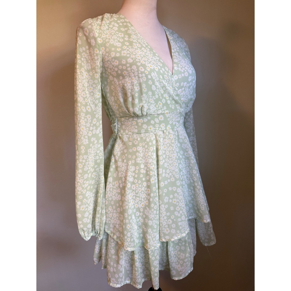 Green Daisy Floral Tiered Mini Dress Long Sleeve boho whimsi dainty cottage S y2
